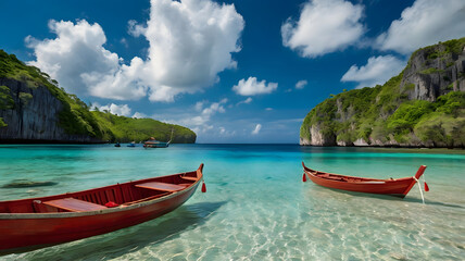 Obraz premium Two red boats are floating in the ocean near a beach. The sky is blue and there are clouds in the background