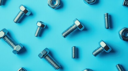 Flat lay of various bolts and screws on a clean bright blue background.