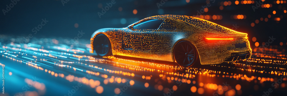 Poster a 3d-rendered car icon with glowing data streams flowing through it, symbolizing real-time automotiv