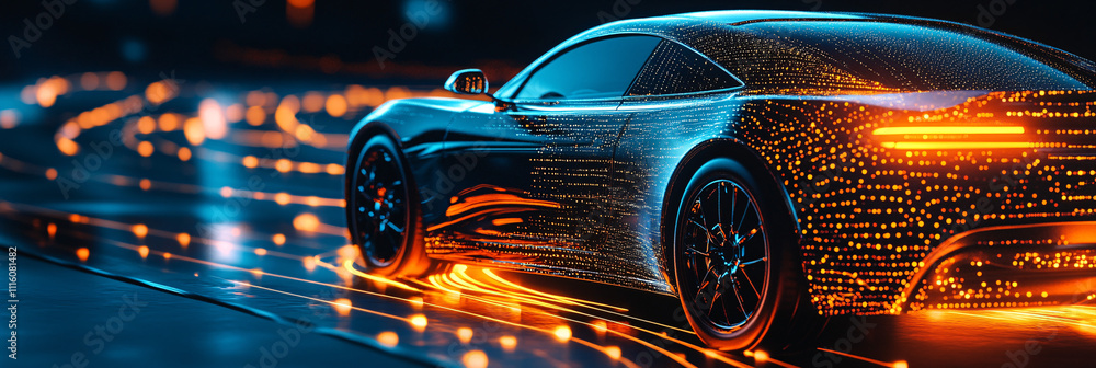 Poster a 3d-rendered car icon with glowing data streams flowing through it, symbolizing real-time automotiv