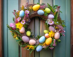 Obraz premium Wreath with a variety of eggs and flowers. The eggs are in different colors and sizes