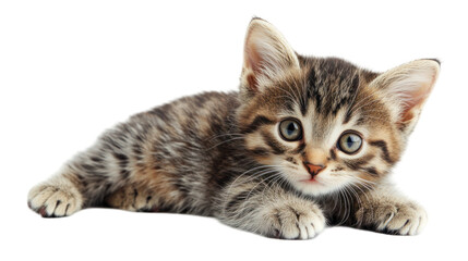 Obraz premium A cute tabby kitten lying down, showcasing its playful and curious nature.