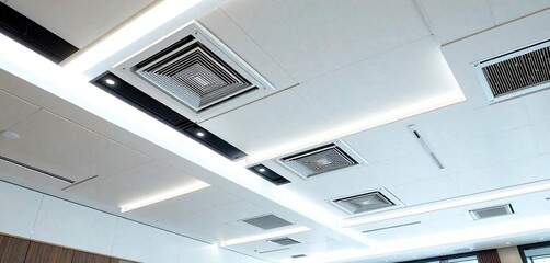 White ceiling with integrated sound absorption panels, duct grilles, and LED lights, visible elements, construction materials, air handling