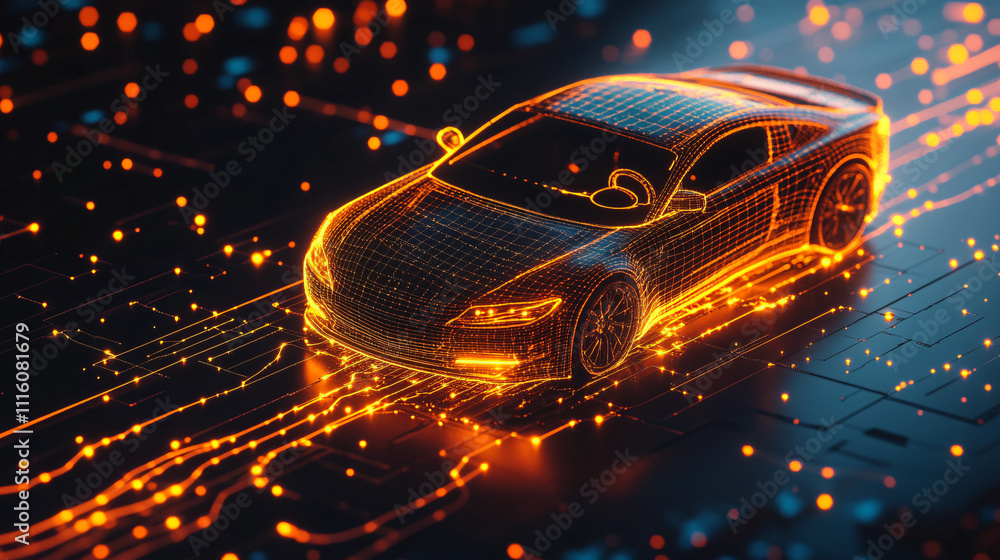 Poster a 3d-rendered car icon with glowing data streams flowing through it, symbolizing real-time automotiv
