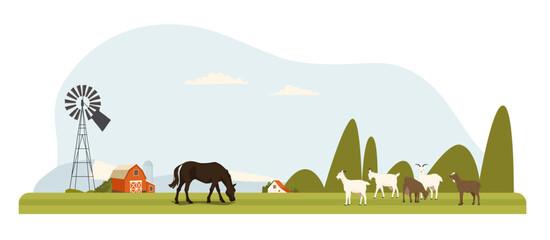Farm animals, horse and goats grazing on green field. Barn, windmill, and hills in background. Rural landscape for agriculture or eco-themed designs. Flat vector illustration. © Tartila