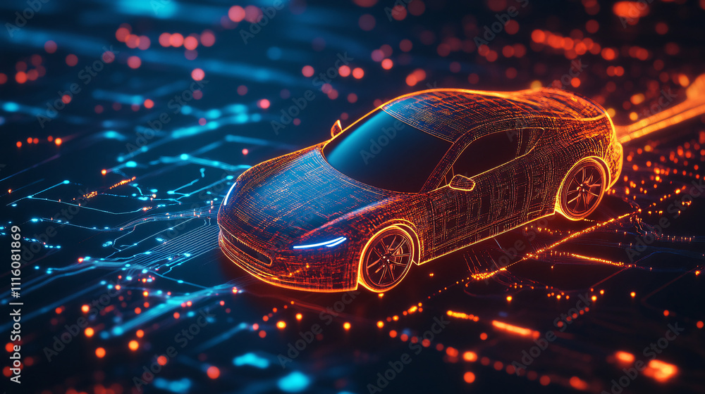 Poster a 3d-rendered car icon with glowing data streams flowing through it, symbolizing real-time automotiv