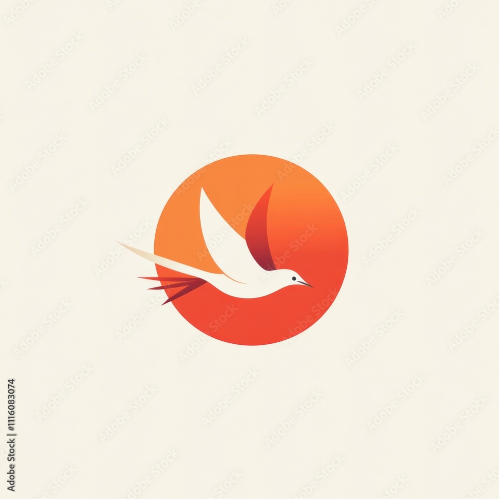 Poster here's a possible and keyword list for your image.. white bird flying in orange circle.
