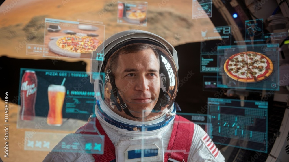 Poster an astronaut explores food options on a digital interface while in a spacecraft.