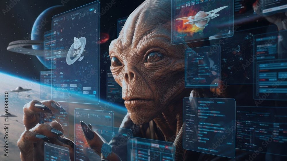 Poster an alien interacts with futuristic technology in a space environment, showcasing advanced data.