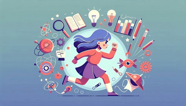 Girl embracing education and overcoming challenges in a colorful vector illustration