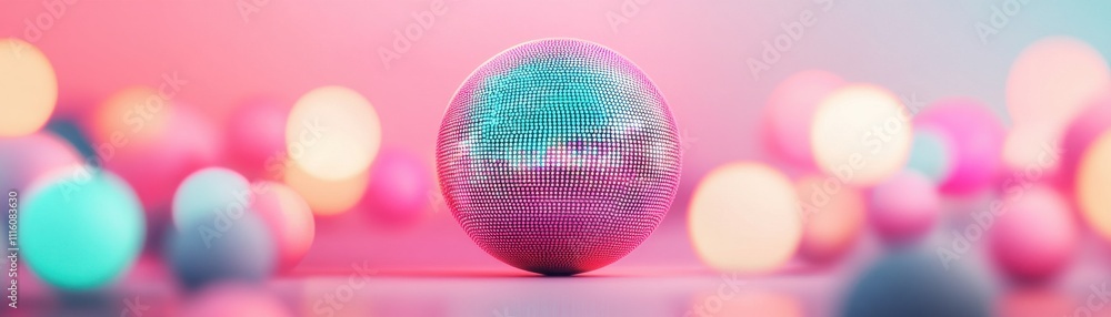 Poster a vibrant 3d sphere surrounded by colorful lights, creating a mesmerizing visual effect perfect for 