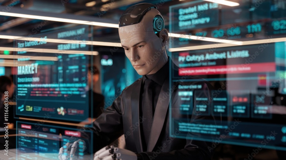 Poster a humanoid robot interacts with digital displays, showcasing technology and data analysis.