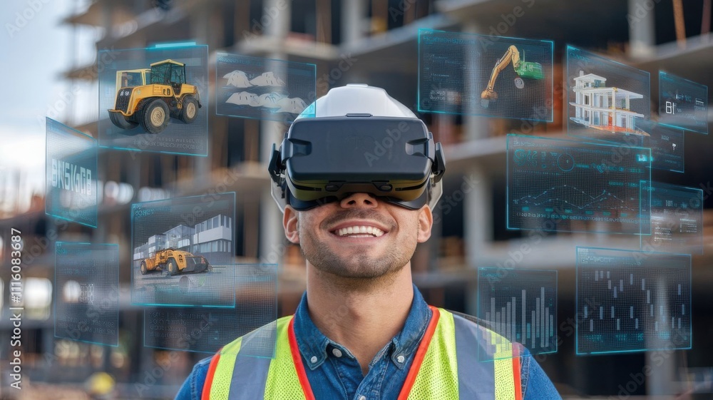 Poster a construction worker using virtual reality technology on a building site.