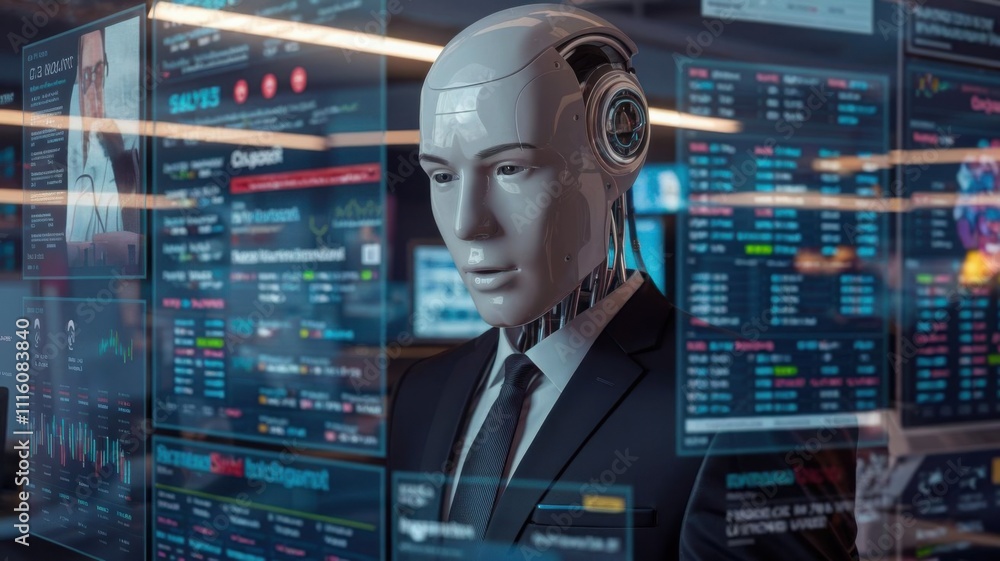 Poster a humanoid robot in a business setting, analyzing data on screens.