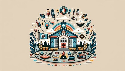 Fototapeta premium Illustration of an indigenous school with symbolic elements and healing circle