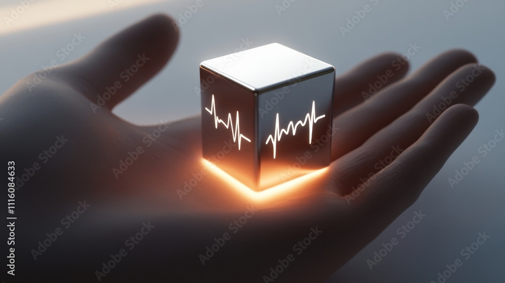 Poster metallic cube with heartbeat symbol resting in open palm: a concept of modern healthcare and technol