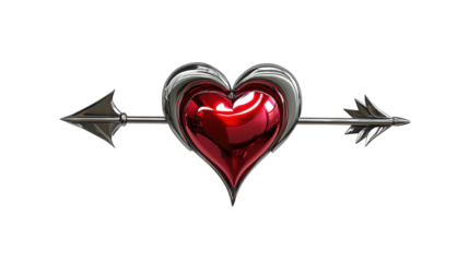 Silver arrow piercing shiny red heart on transparent background
