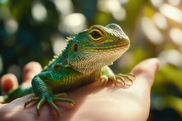 Fototapeta premium Close-Up of a Vibrant Green Lizard Posing on a Hand Under Natural Light with Blurred Plants Background in the Outdoors
