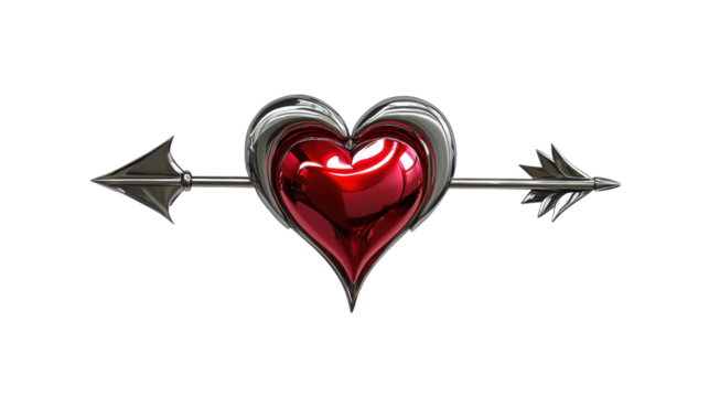 Silver arrow piercing shiny red heart on transparent background