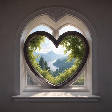 Fototapeta A heart-shaped window with a romantic view inside, heart, Valentine's Day, cozy