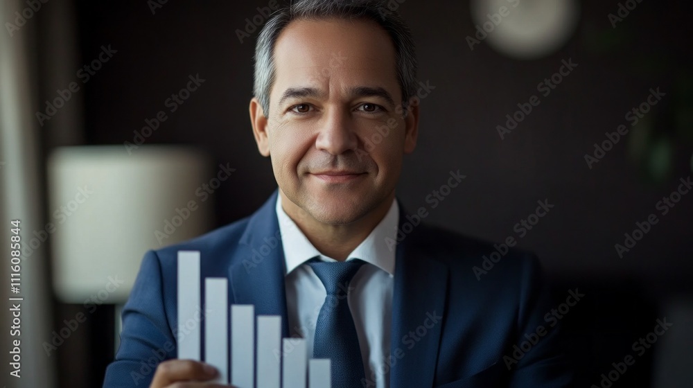 Poster a confident businessman is presenting a series of growth metrics while seated in a sleek, modern off