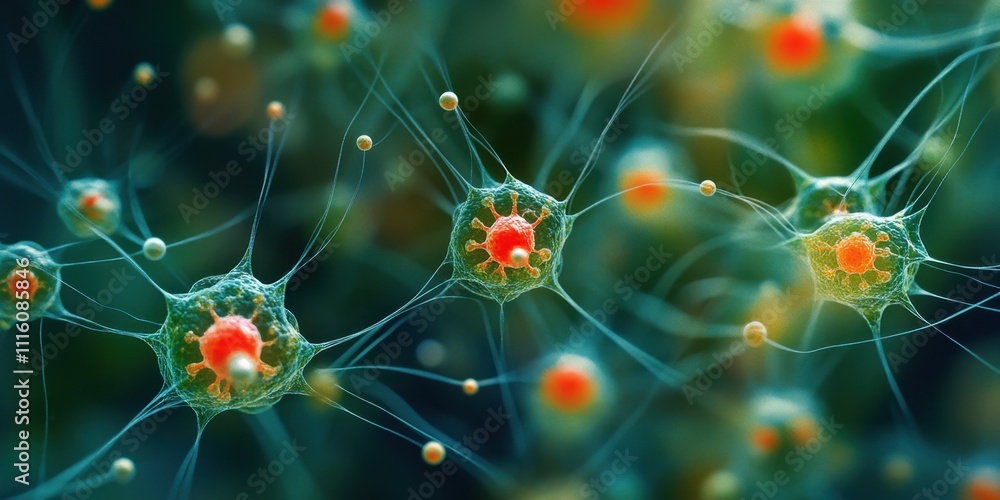 Poster exploring the intricate world of cellular structures under a microscope in vibrant colors and fascin