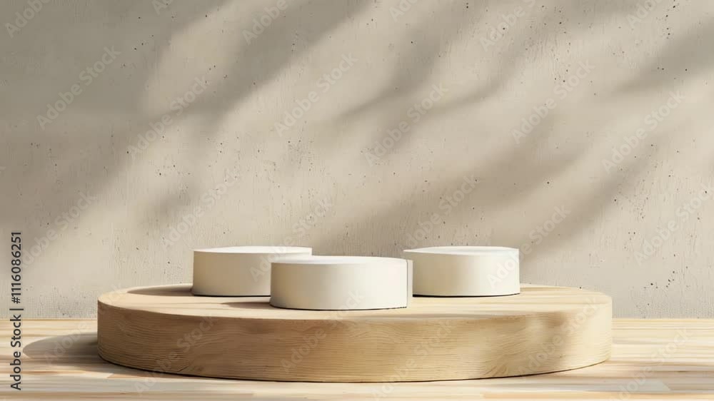 Poster minimalist display with white ceramic objects on wooden platform against textured wall.