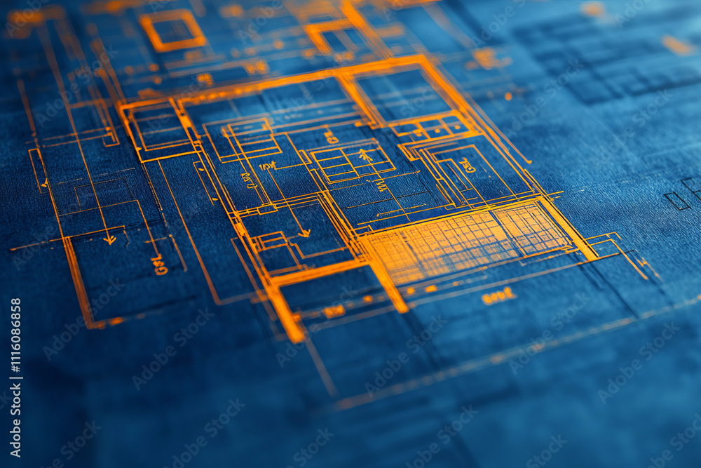 Poster detailed blueprint with highlighted sections showcasing design elements