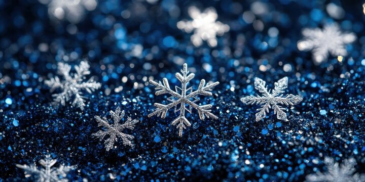 Intricate snowflakes resting on vibrant blue glitter create a magical winter wonderland