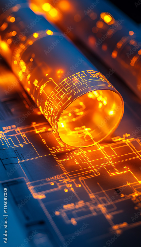 Aufkleber close up of blueprint with illuminated sections showcasing intricate designs