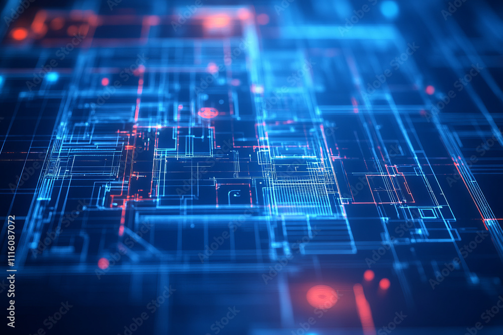 Poster close up of digital blueprint with highlighted sections, showcasing intricate designs and vibrant