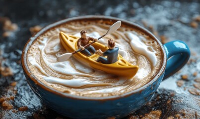 Fototapeta premium Miniature people kayaking in a cup of coffee, with swirling cream resembling rapids, 3D and whimsical
