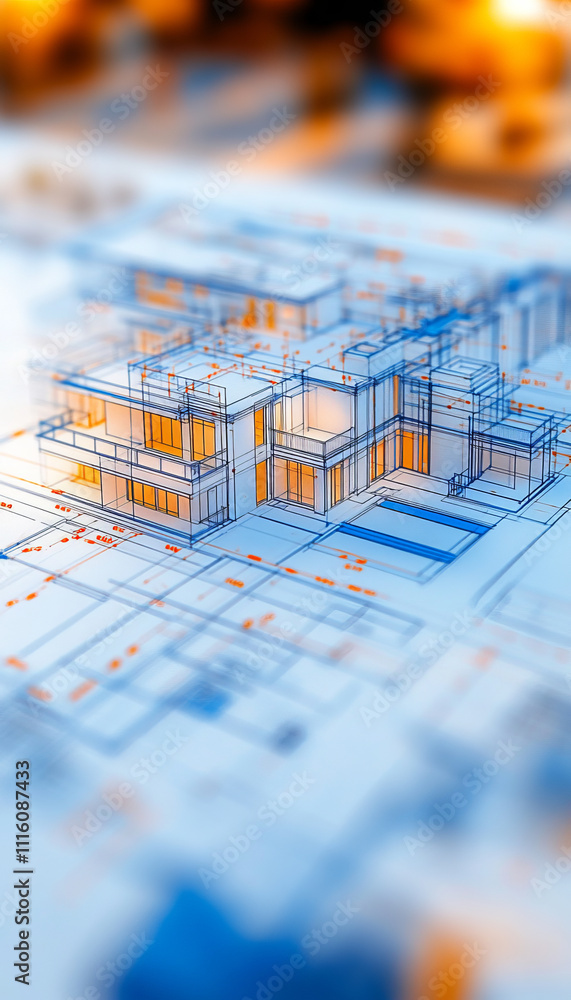Poster detailed blueprint of modern building design with highlighted sections
