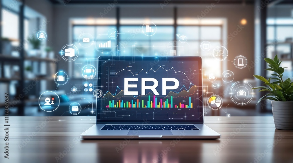 Poster business professional using erp software for secure online hr management with office desk background