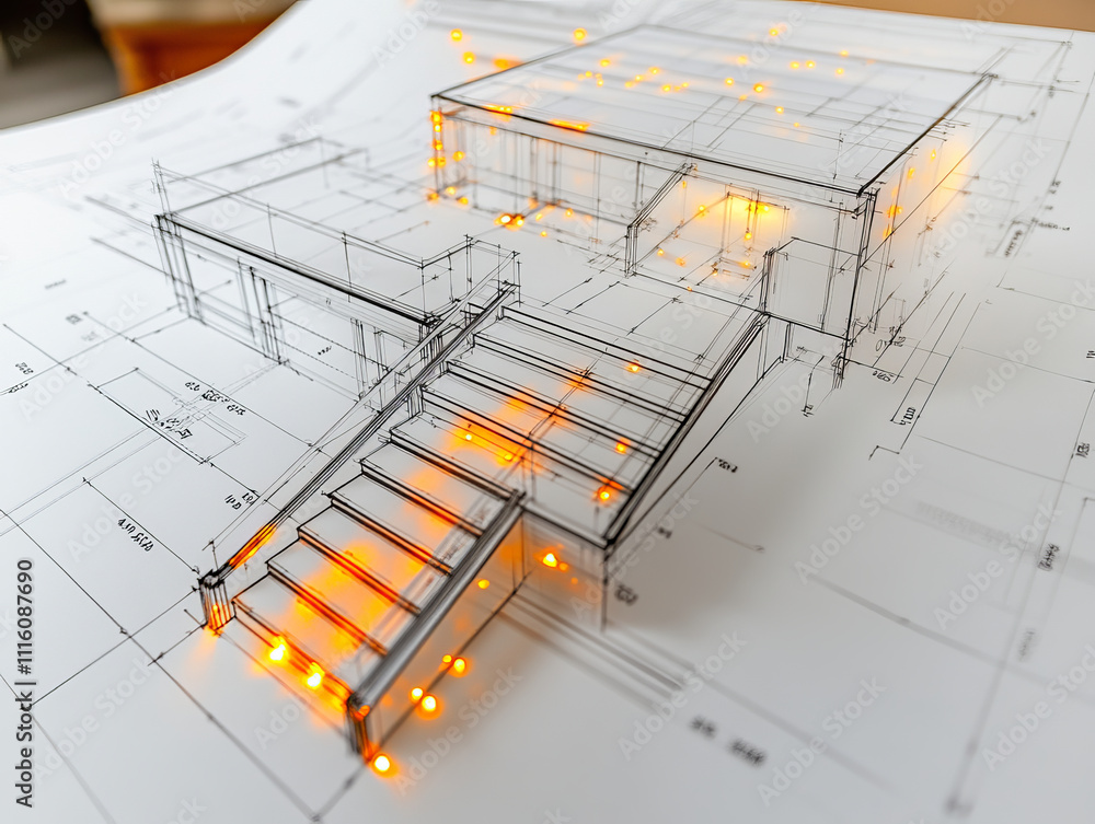 Poster detailed blueprint showcasing modern building design with highlighted sections