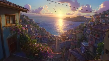 Sunset over coastal village serene seaside digital artwork tranquil environment aerial view peaceful concept