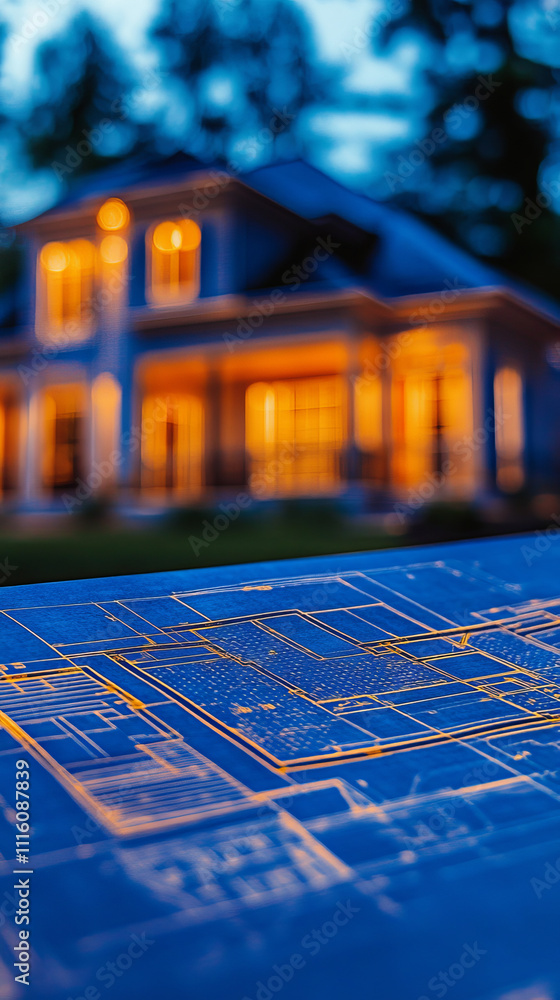 Poster close up of blueprint with highlighted sections, showcasing architectural details