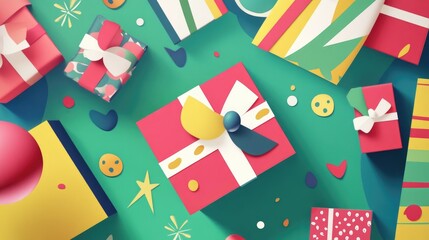 Holiday gift wrapping flat design top view celebration scene animation vivid