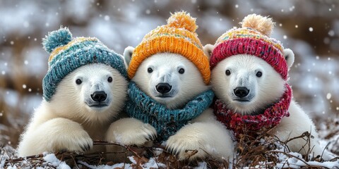 Three playful polar bear cubs wear colorful knitted hats while snowflakes gently fall around them in a winter wonderland