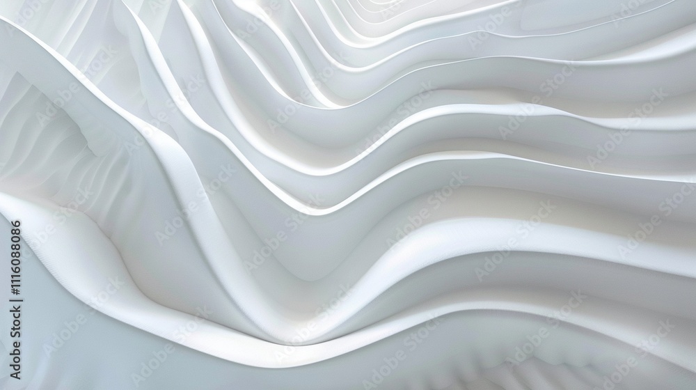 Fototapete abstract digital artwork of glossy white flowing waves with minimalist monochromatic aestheticc