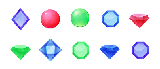 Pixel gemstone set. Vibrant jewels retro-style pixel diamond ruby design sapphire.
