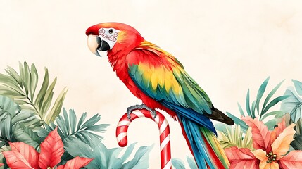 Obraz premium Colorful Parrot Sitting on a Candy Cane Perch Surrounded by Tropical Leaves and Flowers, Ideal for Holiday and Nature-Themed Designs