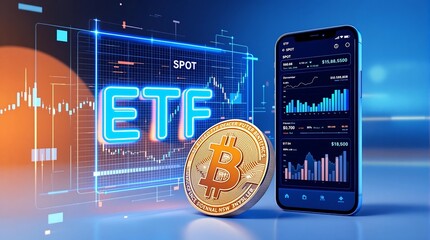 Crypto and Bitcoin Exchange Traded Fund (ETF) Approved for Institutional Investment on Stock Exchanges with Information Data in Wide Banner Design