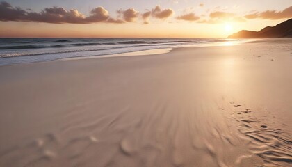 Obraz premium A vast expanse of shimmering silver sand on a distant beach at sunset, atmospheric lighting, desert landscape