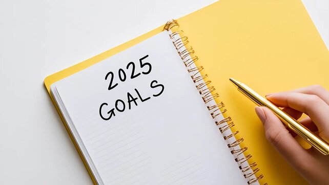 Una libreta con el texto "Objetivos 2025" y un bol&iacute;grafo dorado