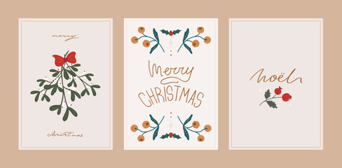 Merry Christmas card set. Elegant greeting cards with ornament in folk and scandinavian style. Mistletoe, red bow, holly. Hand drawn vector illustration templates