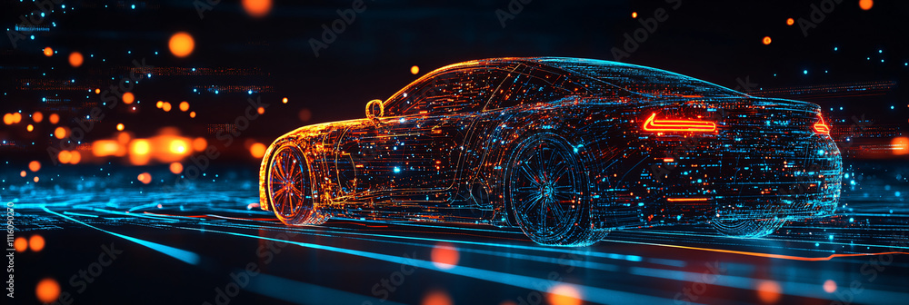 Poster a car icon with neon circuits running through its body, connected to a global network of data stream
