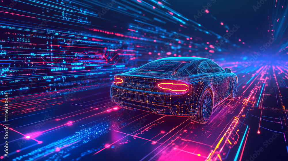 Aufkleber a car icon with neon circuits running through its body, connected to a global network of data stream