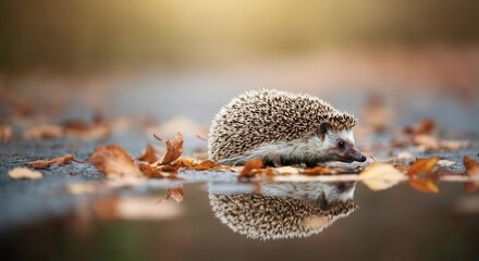 Fototapeta premium Tranquil hedgehog autumn leaves reflection