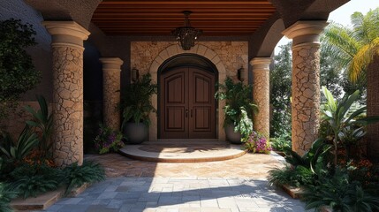 Fototapeta premium Enchanting Mediterranean-Style Entryway with Ornate Wooden Doors